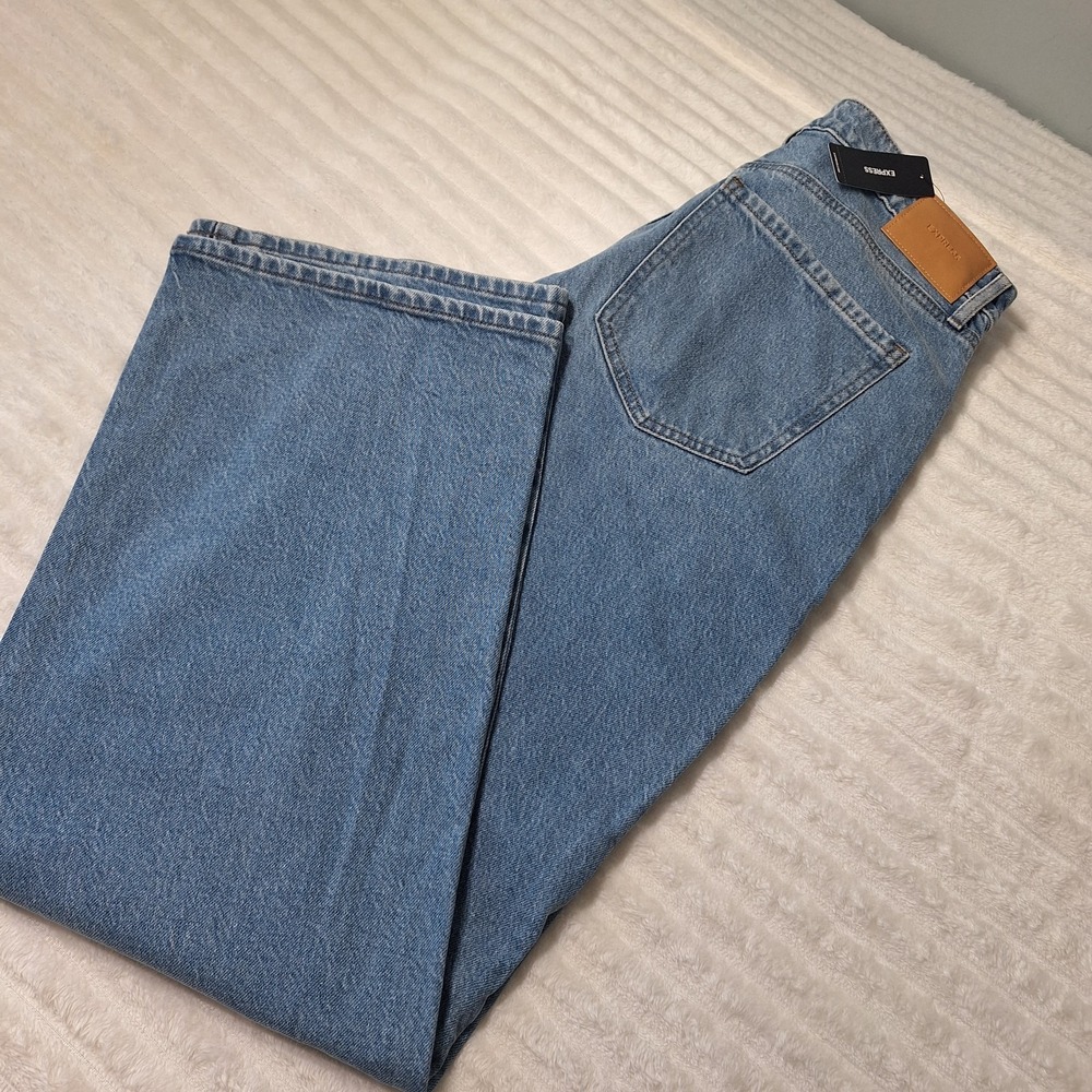 Express Relaxed Straight High Rise Stretch Jeans Womens 12 Long Blue 90's Denim